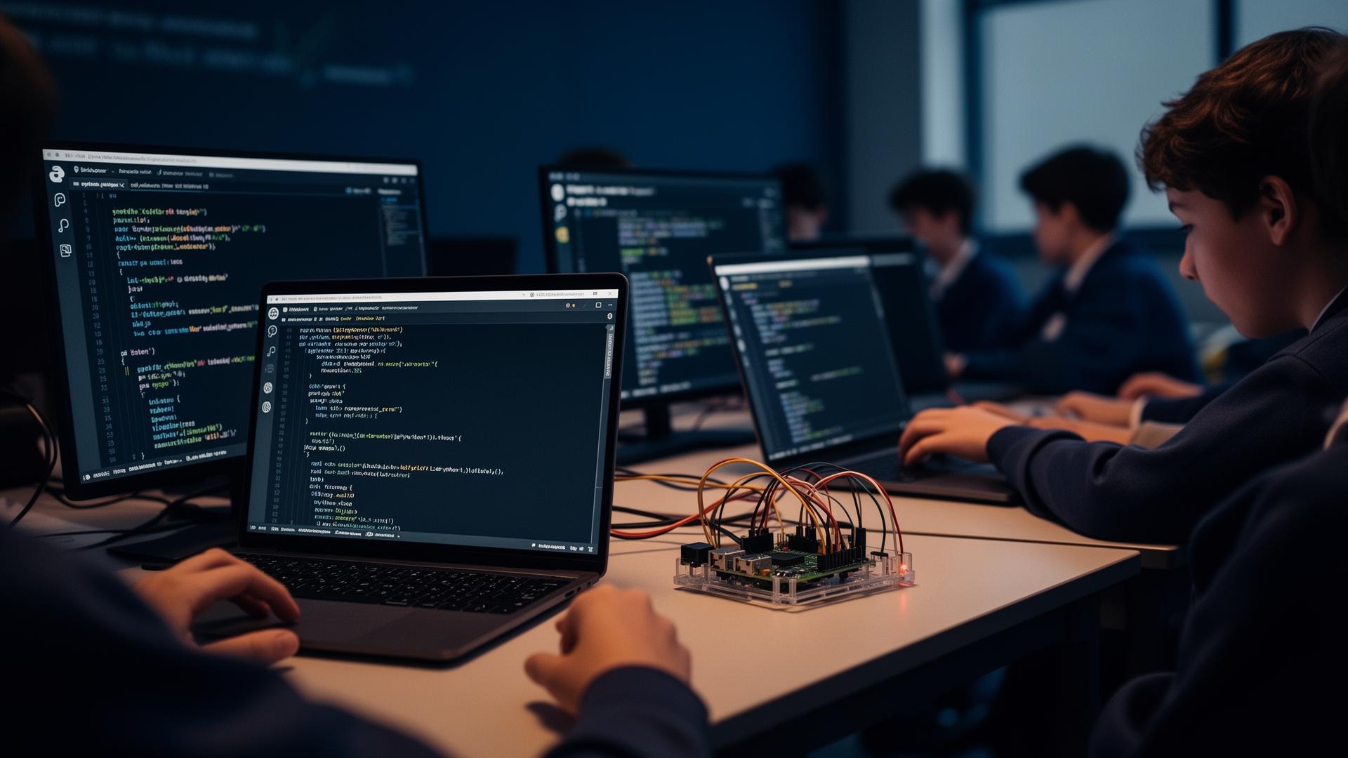 Secondary students writing production code in a premium computing lab